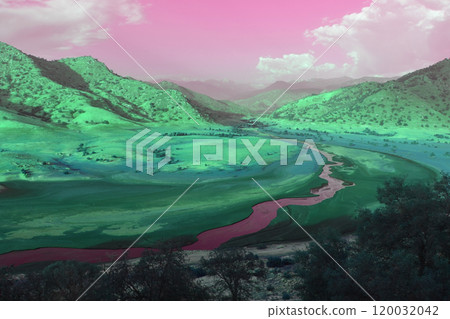 California hills background, view of mountains and river in the valley, natural landscape, wildlife at sunset, hills and plains 120032042