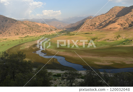 California hills background, view of mountains and river in the valley, natural landscape, wildlife at sunset, hills and plains 120032048