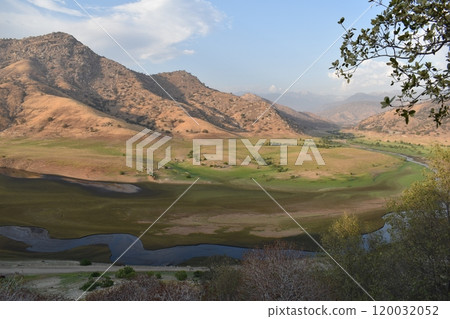 California hills background, view of mountains and river in the valley, natural landscape, wildlife at sunset, hills and plains 120032052