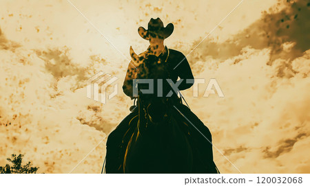 Silhouette of cocky cowboy man with hat on horseback in a field against sunset sky. Western style wallpaper with a guy riding black horse. Horseman. This is AI-generated item 120032068