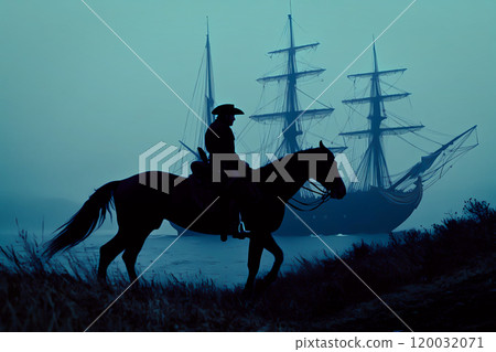 A silhouette of a cowboy riding a black horse on seashore, a ship with sails in blue background. Cinematic western. Horseman ride. Horseback ride. This is AI-generated item 120032071