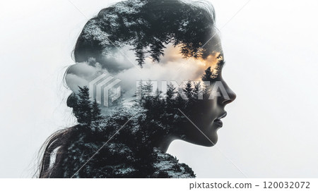 Fine art female portrait. A young dreamy woman in profile, clouds, woods trees inside her head. Double exposure effect. Mental health day. Free mind This is AI-generated item 120032072