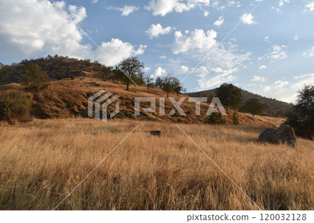 California hills background, view of mountains and river in the valley, natural landscape, wildlife at sunset, hills and plains 120032128