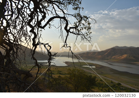 California hills background, view of mountains and river in the valley, natural landscape, wildlife at sunset, hills and plains 120032130