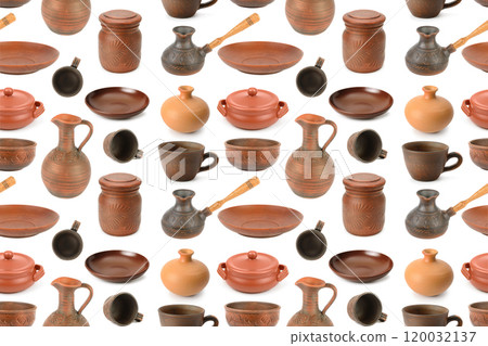 Beautiful collection of earthenware and ceramic dishes isolated on white. Seamless pattern. 120032137