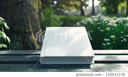 Mockup of a blank book on a bench in a lush park. Greenery and colorful flowers in the background. Perfect for displaying book cover designs in a tranquil setting. High quality photo 120032176