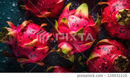Fresh ripe dragon fruits with water drops background. Fruits backdrop. Generative AI 120032228