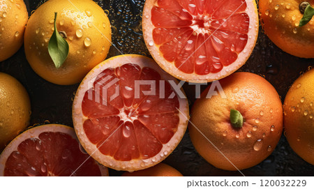 Fresh ripe grapefruits with water drops background. Fruits backdrop. Generative AI 120032229