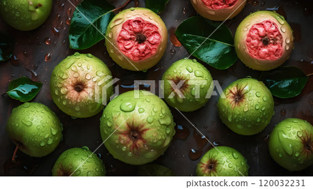 Fresh ripe guavas with water drops background. Fruits backdrop. Generative AI Fresh ripe guavas with water drops background. Fruits backdrop. Generative AI 120032231
