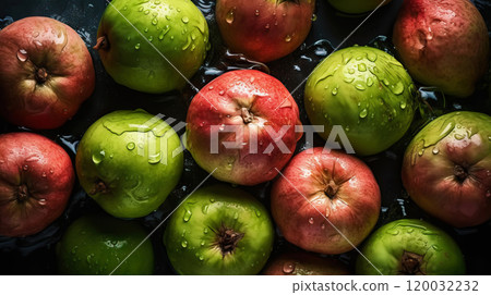 Fresh ripe guavas with water drops background. Fruits backdrop. Generative AI 120032232