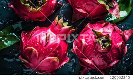 Fresh ripe dragon fruits with water drops background. Fruits backdrop. Generative AI 120032240