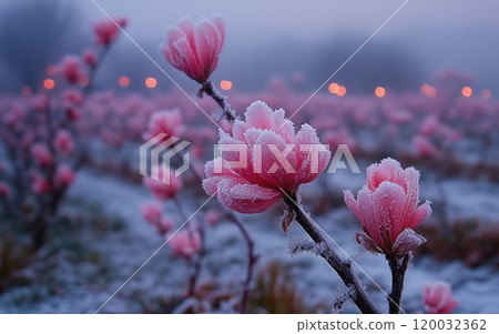 Nature early frost: onset of early winter as first snow gently covers blooming green landscapes, capturing contrast between nature final vibrant colors and season cold arrival 120032362
