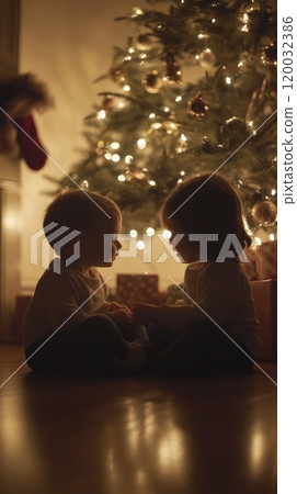 Christmas anticipation: siblings huddled together by beautifully decorated tree, illuminated by warm ornament lights, sharing excited whispers about presents waiting for them on Christmas morning 120032386