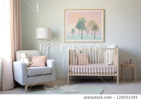 Charming retreat - design of teenager children's room in pastel colours, bedroom blending comfort, beauty, creativity, providing cosy, aesthetically pleasing space for kids to explore imagination 120032395