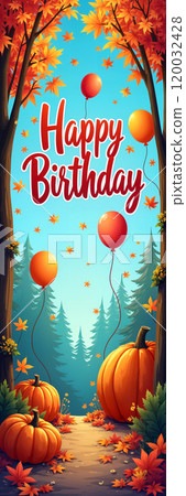 Happy birthday greeting with pumpkins and balloons. Happy birthday greeting with pumpkins and balloons. 120032428