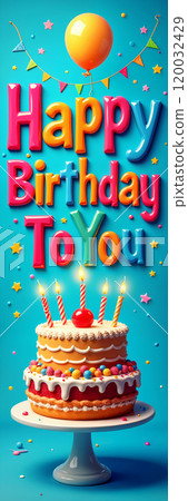 Colorful birthday cake with balloons. 120032429