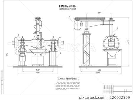 technical drawing of the construction project of the stand design on white background with horizontal frame. vector illustration technical drawing of the construction project of the stand design on white background with horizontal frame. vector illustration 120032599