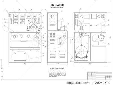 technical drawing of the construction project of the stand design on white background with horizontal frame. vector illustration technical drawing of the construction project of the stand design on white background with horizontal frame. vector illustration 120032600