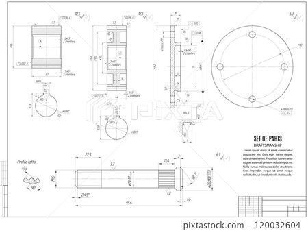 technical drawing of of the shaft, gears construction draft or project on the white background with horizontal frame. vector illustration technical drawing of of the shaft, gears construction draft or project on the white background with horizontal frame. vector illustration 120032604