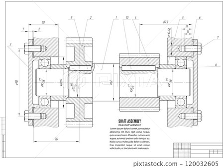 technical drawing of of the shaft, gears construction draft or project on the white background with horizontal frame isolated. vector illustration technical drawing of of the shaft, gears construction draft or project on the white background with horizontal frame isolated. vector illustration 120032605