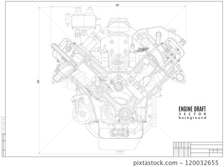 technical drawing of the internal combustion engine on the white background, construction project or plan isolated with horizontal frame. vector illustration 120032655