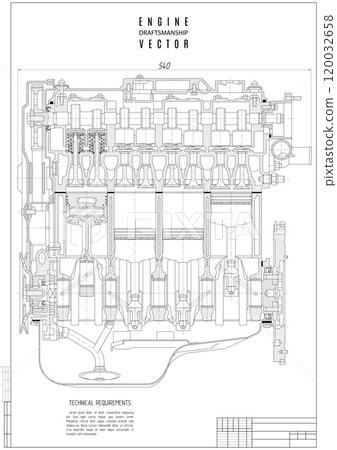 technical drawing of the internal combustion engine on the white background, construction project or plan isolated with vertical frame. vector illustration 120032658