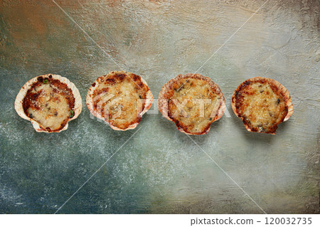 scallop shells, stuffed, baked with cheese, in the oven, julienne with scallops, 120032735