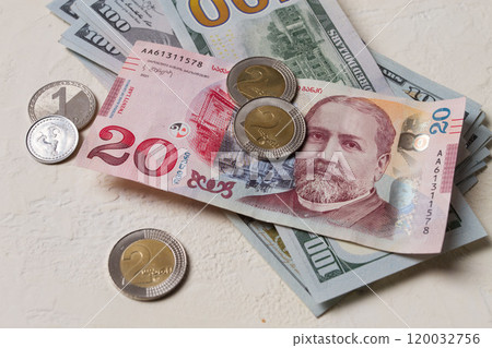 Lari, 20 GEL, Georgian monetary currency, with dollars, banknotes, top view, no people, on the table, 120032756