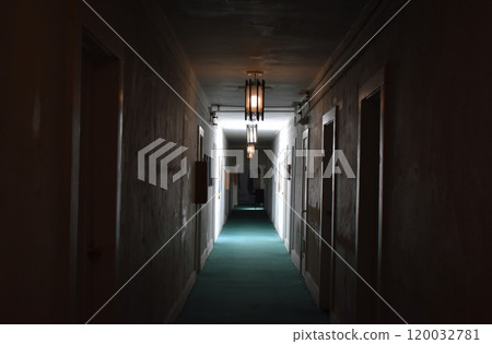Empty gloomy corridor of the hotel 120032781