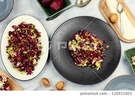 Vegan beetroot and pomegranate salad. 120032803
