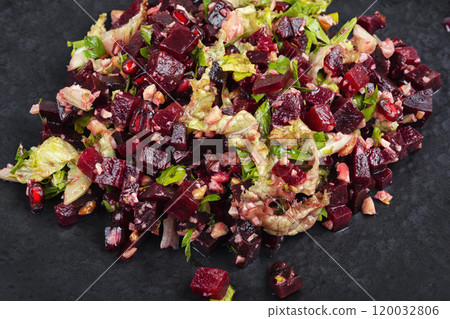 Healthy salad - boiled beetroot with pomegranate. 120032806