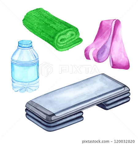 Watercolor illustration of a set of elastic band, aerobic step, towel and bottle. The drawing is made by hand. Elements on a transparent background. Image for stickers, scrapbooking, posters, prints 120032820