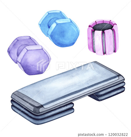 Watercolor illustration of a set of dumbbells and a step for aerobics. The drawing is done by hand. Elements on a transparent background. Image of objects for stickers, scrapbooking, posters, prints Watercolor illustration of a set of dumbbells and a step for aerobics. The drawing is done by hand. Elements on a transparent background. Image of objects for stickers, scrapbooking, posters, prints 120032822