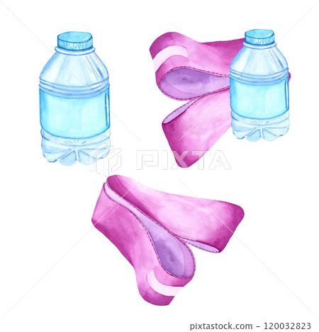 Watercolor illustration of a water bottle and a rubber band. The drawing is done by hand. Elements on a transparent background. Image of objects for stickers, scrapbooking, posters, prints Watercolor illustration of a water bottle and a rubber band. The drawing is done by hand. Elements on a transparent background. Image of objects for stickers, scrapbooking, posters, prints 120032823