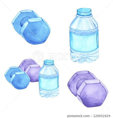 Watercolor illustration of a water bottle and weights. The drawing is done by hand. Elements on a transparent background. Image of objects for stickers, scrapbooking, posters, prints Watercolor illustration of a water bottle and weights. The drawing is done by hand. Elements on a transparent background. Image of objects for stickers, scrapbooking, posters, prints 120032824