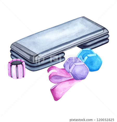 Watercolor illustration of aerobic step, dumbbells, weights and band. The drawing is done by hand. Elements on a transparent background. Image of objects for stickers, scrapbooking, posters, prints Watercolor illustration of aerobic step, dumbbells, weights and band. The drawing is done by hand. Elements on a transparent background. Image of objects for stickers, scrapbooking, posters, prints 120032825