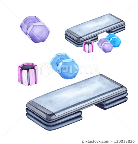 Watercolor illustration of aerobic step and dumbbells. The drawing is done by hand. Sports equipment on a transparent background. Image of objects for stickers, scrapbooking, posters, prints Watercolor illustration of aerobic step and dumbbells. The drawing is done by hand. Sports equipment on a transparent background. Image of objects for stickers, scrapbooking, posters, prints 120032826