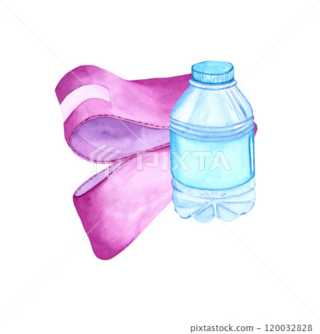 Watercolor illustration of a water bottle and a rubber band. The drawing is done by hand. Elements on a transparent background. Image of objects for stickers, scrapbooking, posters, prints Watercolor illustration of a water bottle and a rubber band. The drawing is done by hand. Elements on a transparent background. Image of objects for stickers, scrapbooking, posters, prints 120032828