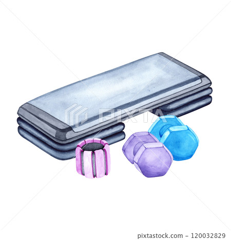 Watercolor illustration of aerobic step and dumbbells. The drawing is done by hand. Sports equipment on a transparent background. Image of objects for stickers, scrapbooking, posters, prints Watercolor illustration of aerobic step and dumbbells. The drawing is done by hand. Sports equipment on a transparent background. Image of objects for stickers, scrapbooking, posters, prints 120032829