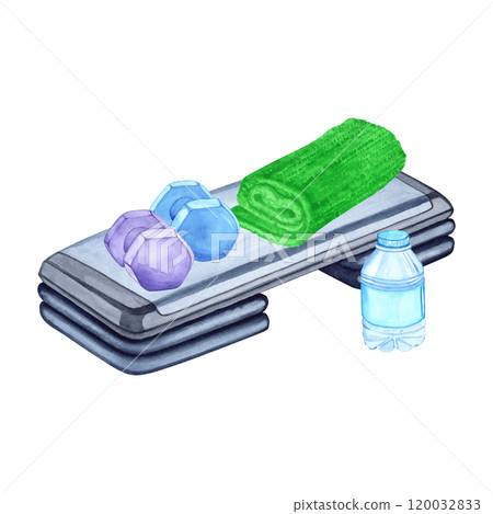 Watercolor illustration of aerobic step, towel, water bottle and dumbbells. Hand drawn. Sports equipment on transparent background. Image of items for stickers, scrapbooking, posters, prints 120032833