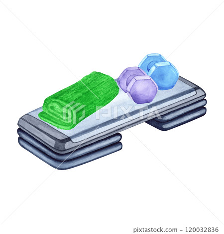 Watercolor illustration of aerobic step, towel and dumbbells. Hand drawn. Sports equipment on transparent background. Image of items for stickers, scrapbooking, posters, prints 120032836