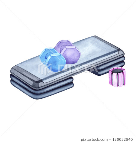 Watercolor illustration of aerobic step and dumbbells. The drawing is done by hand. Sports equipment on a transparent background. Image of objects for stickers, scrapbooking, posters, prints Watercolor illustration of aerobic step and dumbbells. The drawing is done by hand. Sports equipment on a transparent background. Image of objects for stickers, scrapbooking, posters, prints 120032840
