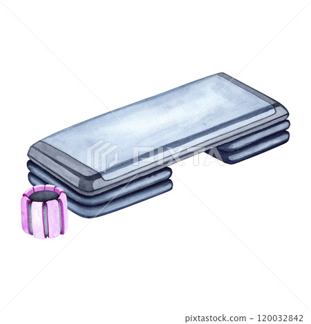 Watercolor illustration of aerobic step and dumbbells. The drawing is done by hand. Sports equipment on a transparent background. Image of objects for stickers, scrapbooking, posters, prints Watercolor illustration of aerobic step and dumbbells. The drawing is done by hand. Sports equipment on a transparent background. Image of objects for stickers, scrapbooking, posters, prints 120032842