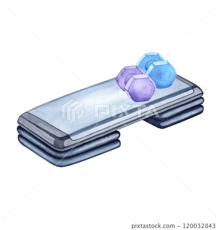 Watercolor illustration of aerobic step and dumbbells. The drawing is done by hand. Sports equipment on a transparent background. Image of objects for stickers, scrapbooking, posters, prints Watercolor illustration of aerobic step and dumbbells. The drawing is done by hand. Sports equipment on a transparent background. Image of objects for stickers, scrapbooking, posters, prints 120032843