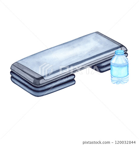 Watercolor illustration of aerobic step and water bottle. Hand drawn. Sports equipment on transparent background. Image of items for stickers, scrapbooking, posters, prints Watercolor illustration of aerobic step and water bottle. Hand drawn. Sports equipment on transparent background. Image of items for stickers, scrapbooking, posters, prints 120032844