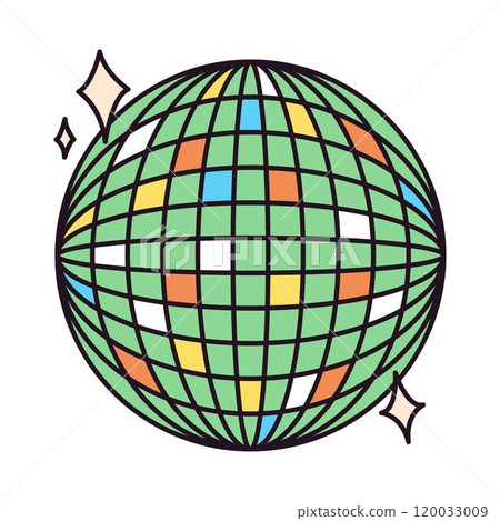 Cartoon disco ball icon. Funny psychedelic 70s hippie disco ball, 60s decorative ball symbol flat vector illustration. Retro hippie disco ball badge 120033009