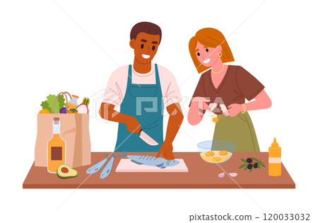 Family cooking at home. Cooking couple, man and woman cook tasty dishes, people preparing food at home flat vector illustration. Homemade meal preparation Family cooking at home. Cooking couple, man and woman cook tasty dishes, people preparing food at home flat vector illustration. Homemade meal preparation 120033032