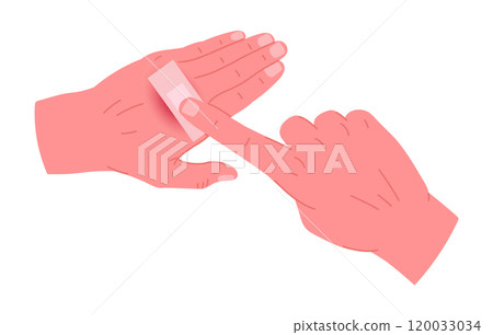 First aid for body skin injury. Cartoon injured human hand, medical treatment for skin burn flat vector illustration. Injured hand and medical treatment First aid for body skin injury. Cartoon injured human hand, medical treatment for skin burn flat vector illustration. Injured hand and medical treatment 120033034