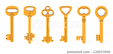 Golden door keys. Vintage retro keys, apartment, house or mailbox key, hand drawn gold keys flat vector illustration set. Cartoon keys icons 120033040