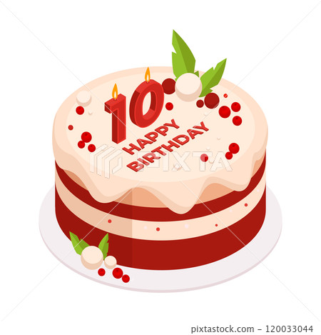 Happy birthday cake. Isometric sweet pastry dessert with birthday candles, tasty bakery vanilla or chocolate cake 3d vector illustration. Festive celebration birthday cake 120033044